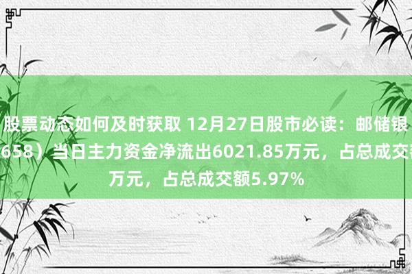 股票动态如何及时获取 12月27日股市必读：邮储银行（601658）当日主力资金净流出6021.85万元，占总成交额5.97%