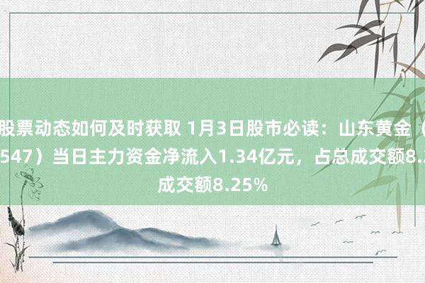 股票动态如何及时获取 1月3日股市必读：山东黄金（600547）当日主力资金净流入1.34亿元，占总成交额8.25%